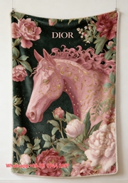 Dior Pink Horse Peony Flannel Sofa Throw Blanket D215